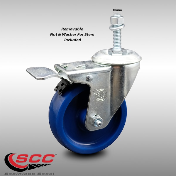 Service Caster 4 Inch SS Solid Polyurethane 10mm Threaded Stem Caster with Total Lock Brake SCC-SSTSTTL20S414-SPUS-M1015 - main